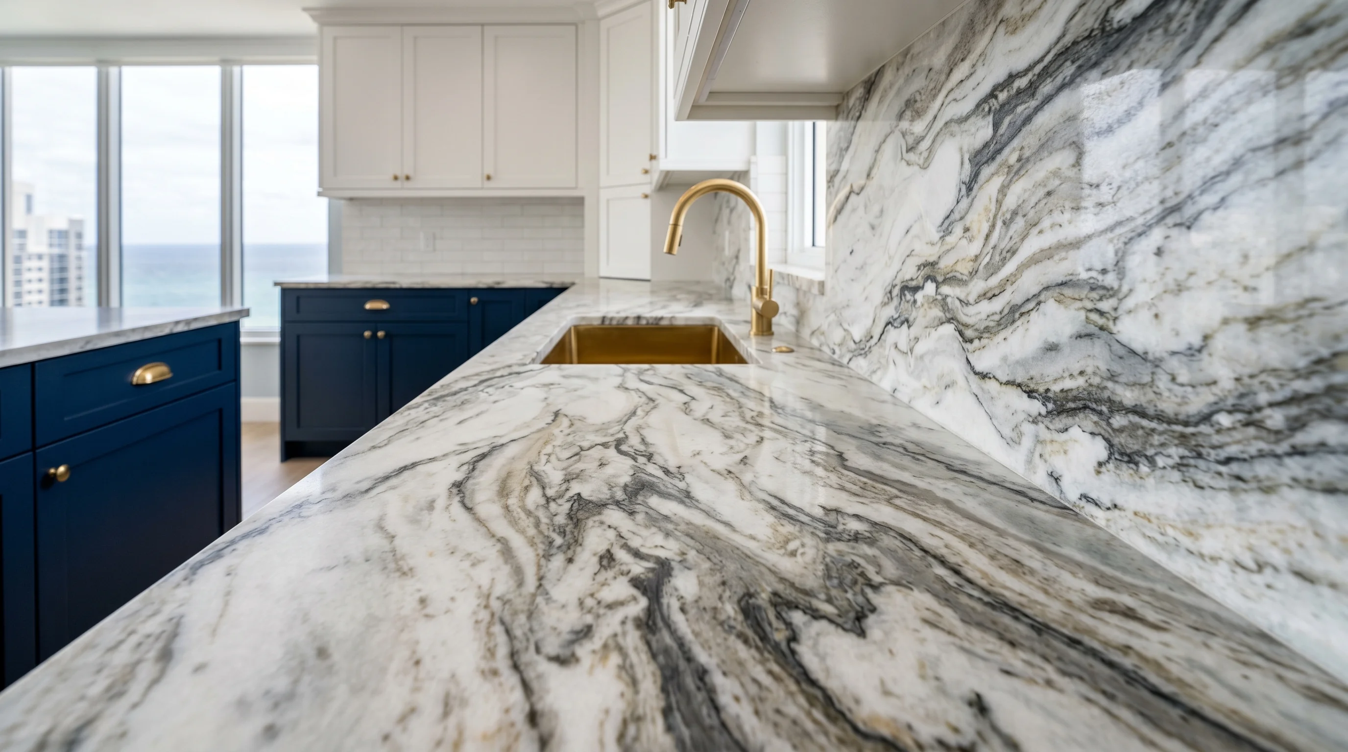 Close-up of warm wood West Palm Beach kitchen cabinetry and stone countertop detail
