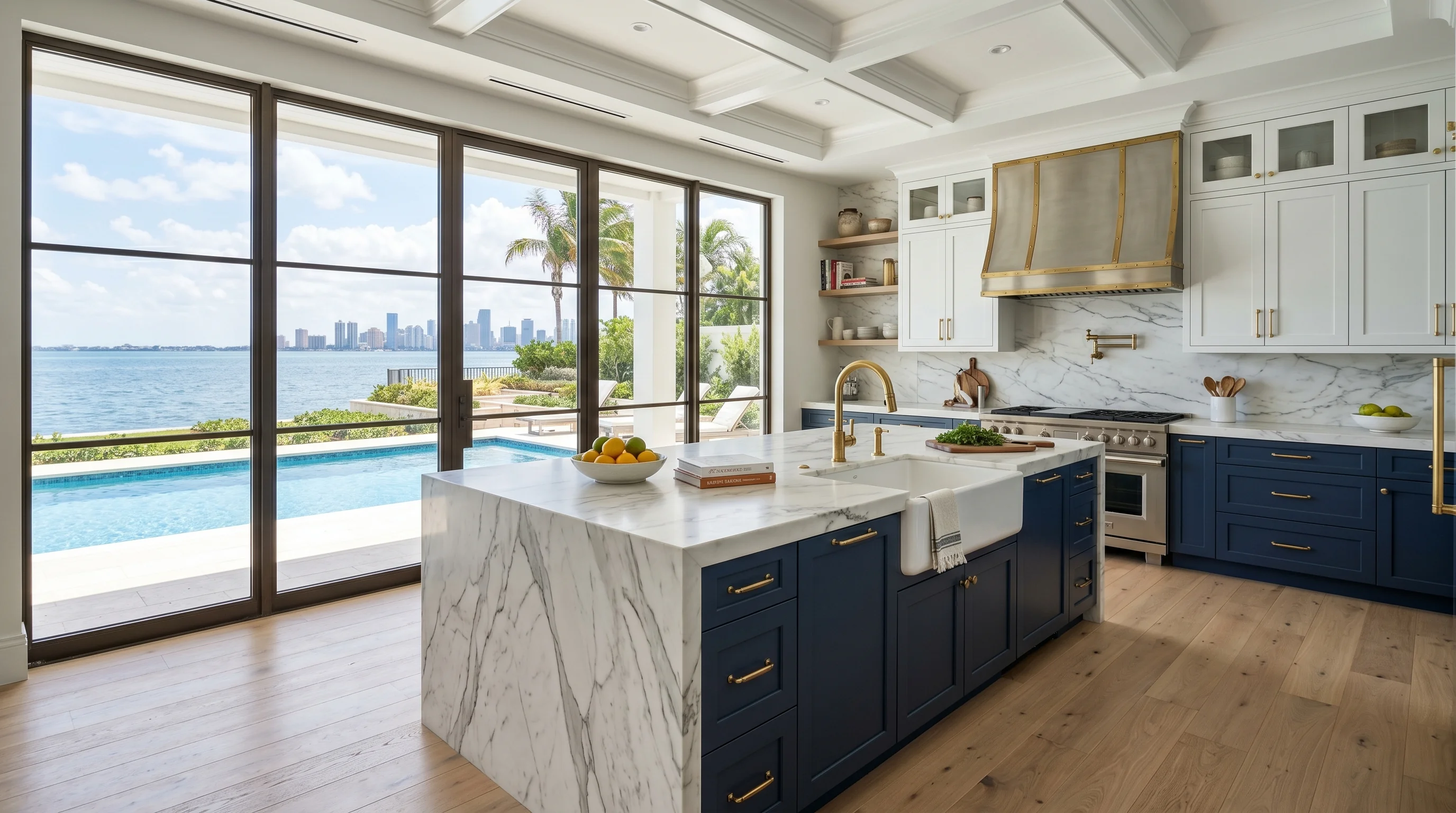 Ultra-wide West Palm Beach kitchen with marble waterfall island and pool deck view