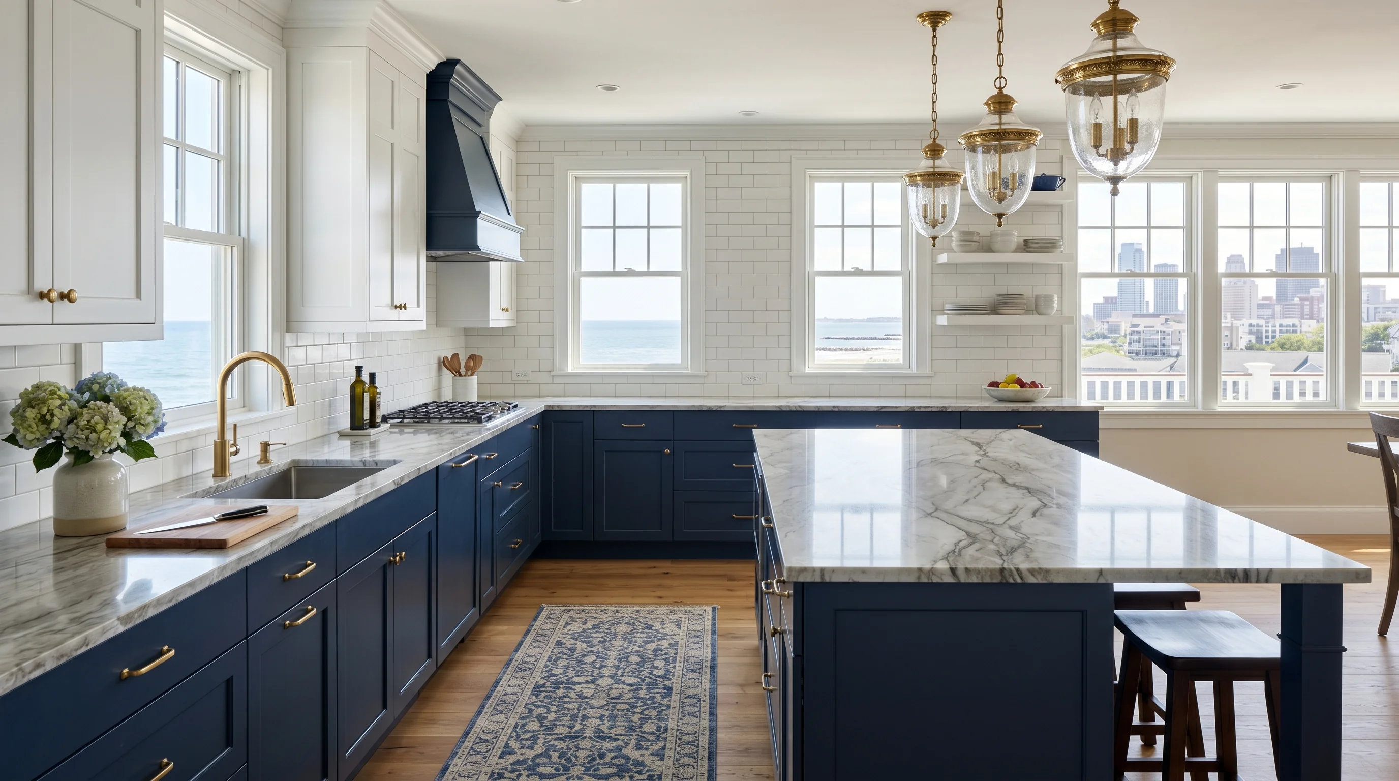 West Palm Beach gated-community kitchen with island and ornate brass pendant lighting
