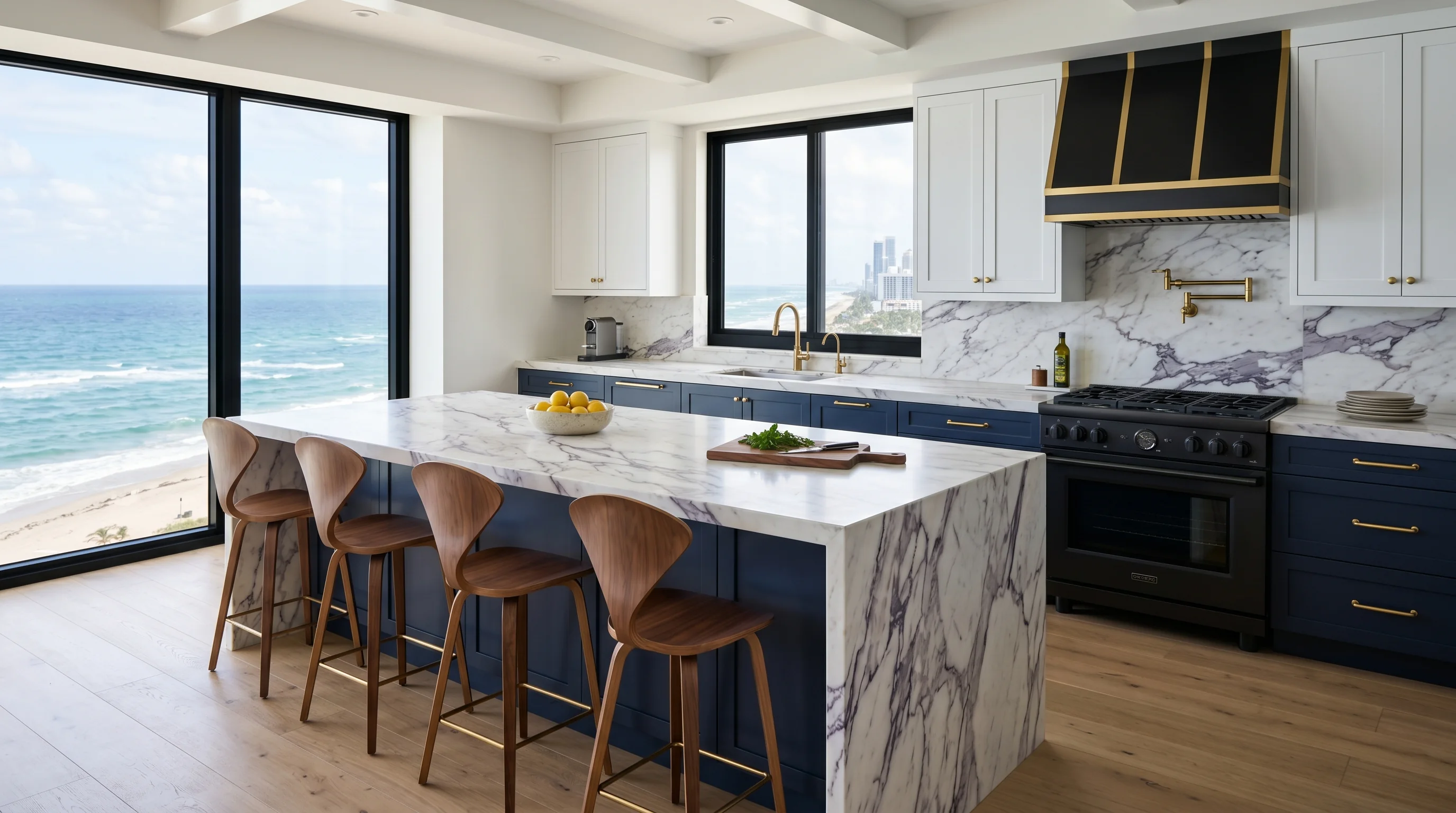 Panoramic finished West Palm Beach kitchen with marble island and brass hardware
