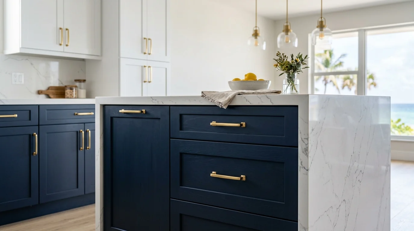 West Palm Beach luxury kitchen with marble waterfall island and brass pendants