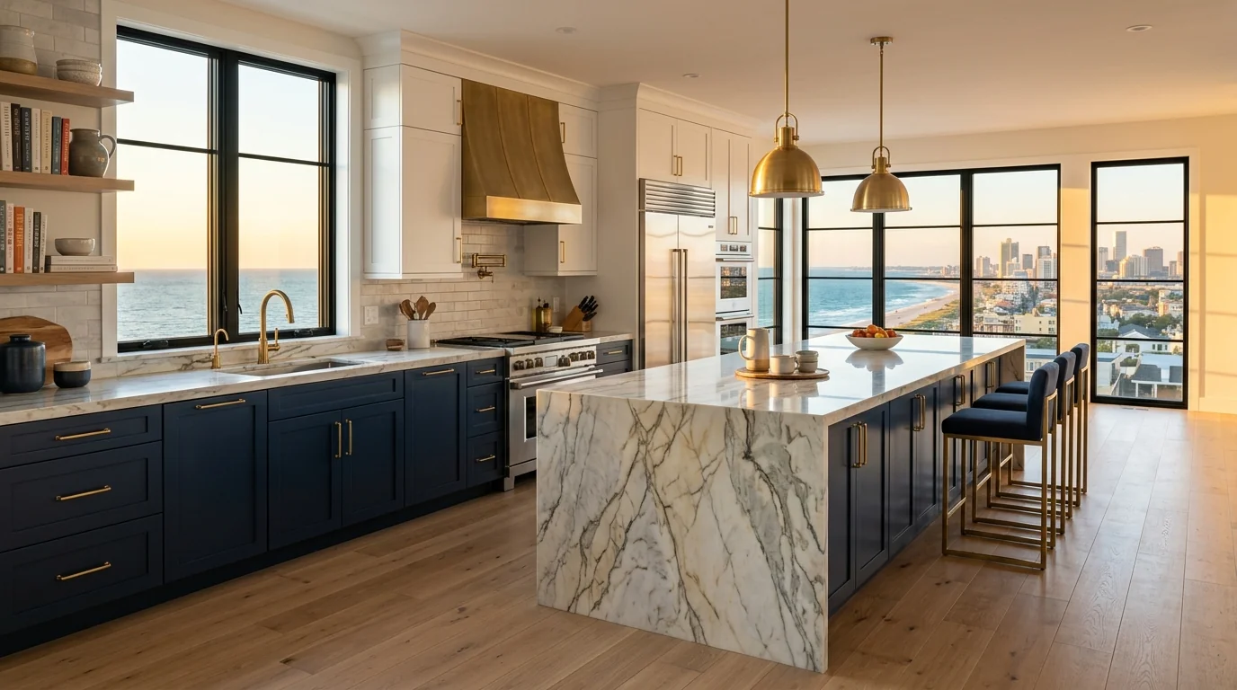 Wide cinematic West Palm Beach kitchen with marble island and arched windows