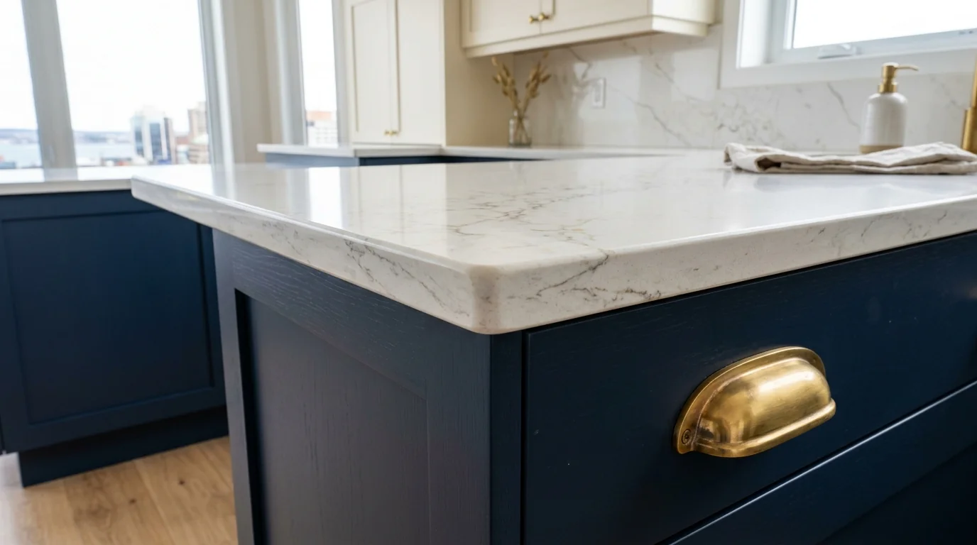 Close-up of warm wood West Palm Beach kitchen cabinetry and stone countertop detail
