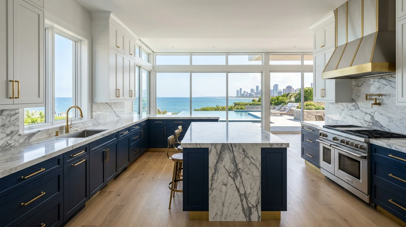 Ultra-wide West Palm Beach kitchen with marble waterfall island and pool deck view