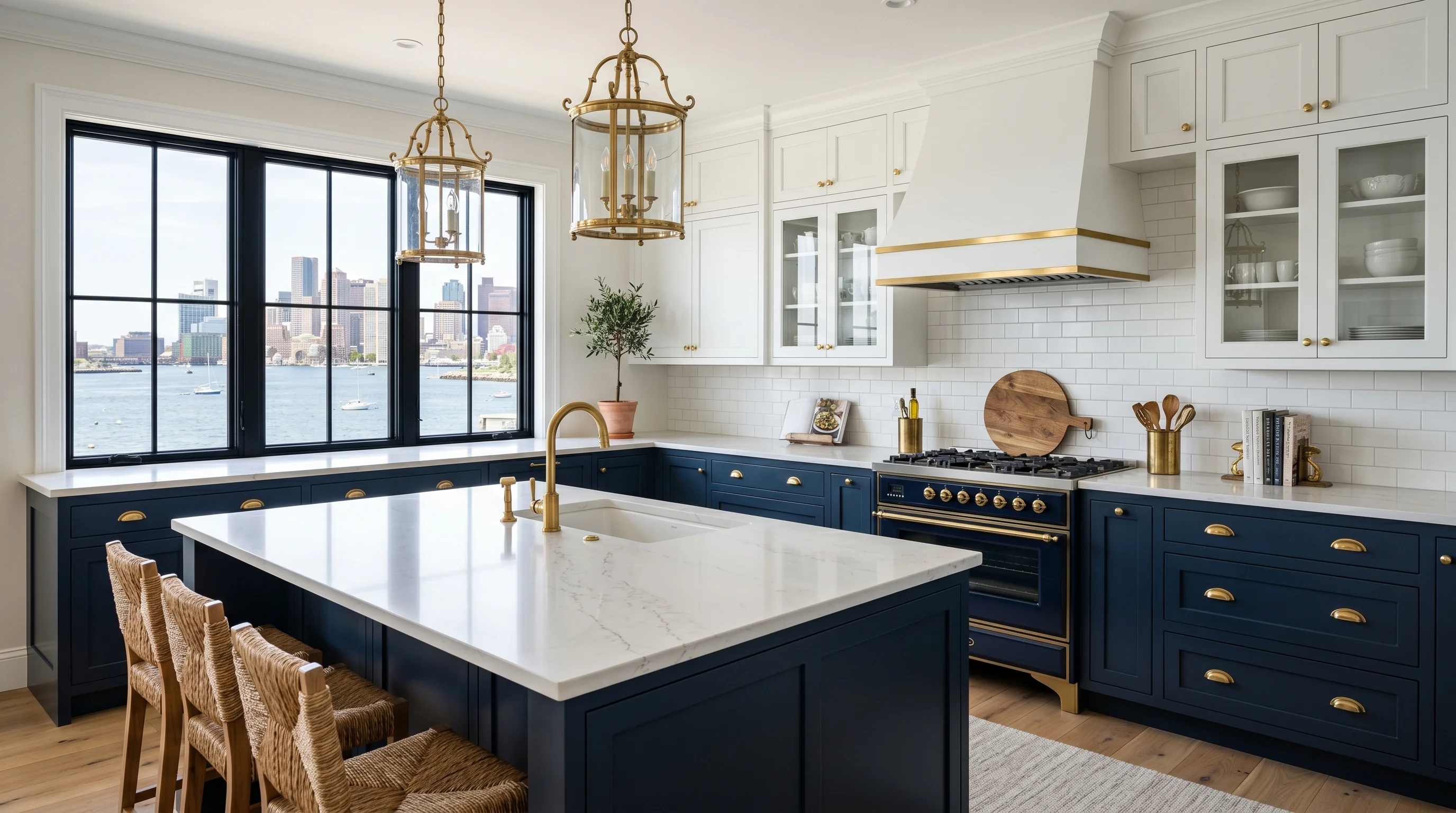 West Palm Beach gated-community kitchen with island and ornate brass pendant lighting