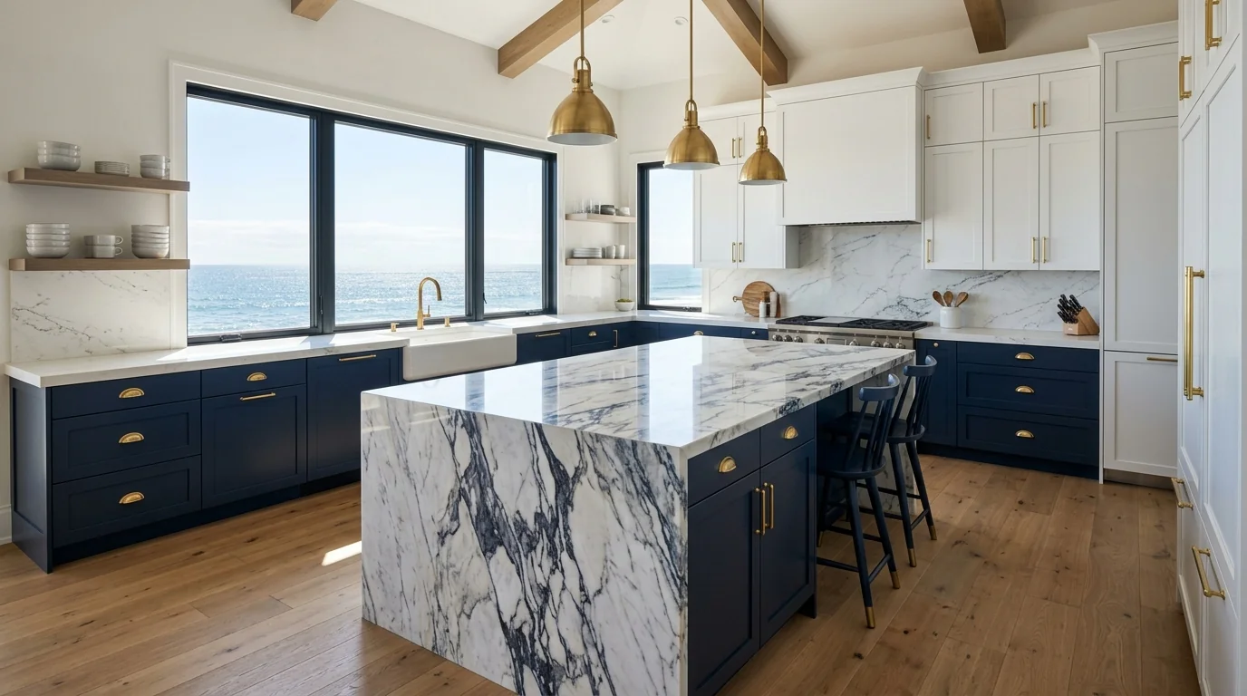Panoramic finished West Palm Beach kitchen with marble island and brass hardware