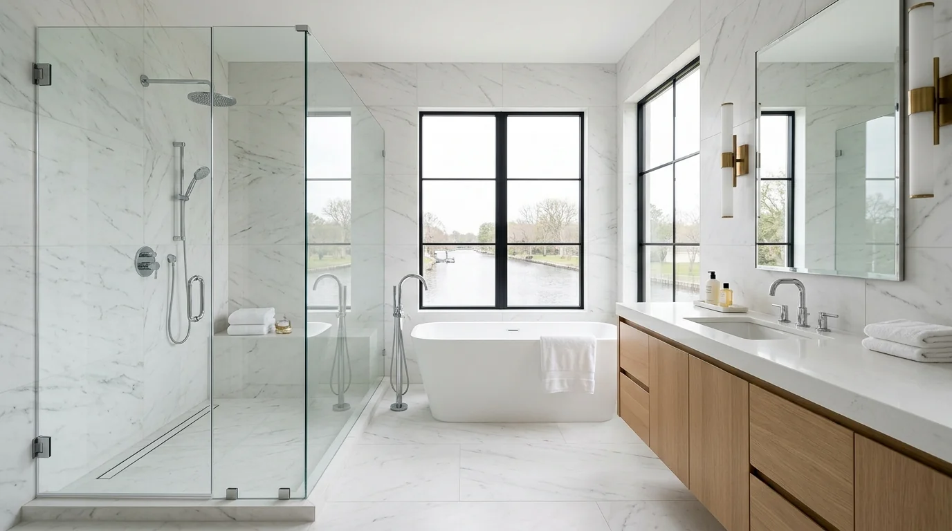 Westlake luxury bathroom remodel with frameless walk-in shower, freestanding tub, and floating wood vanity