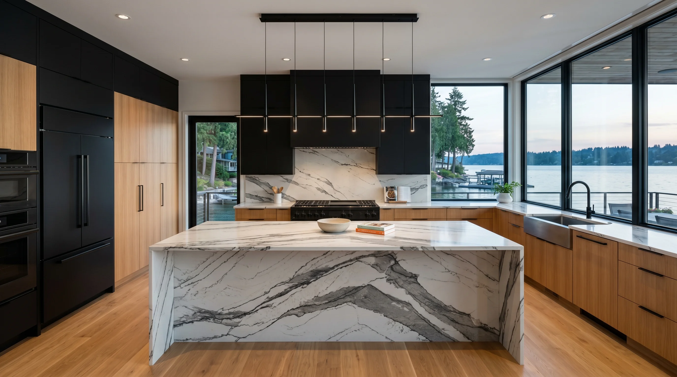 Wide cinematic Westlake kitchen with marble island and arched windows