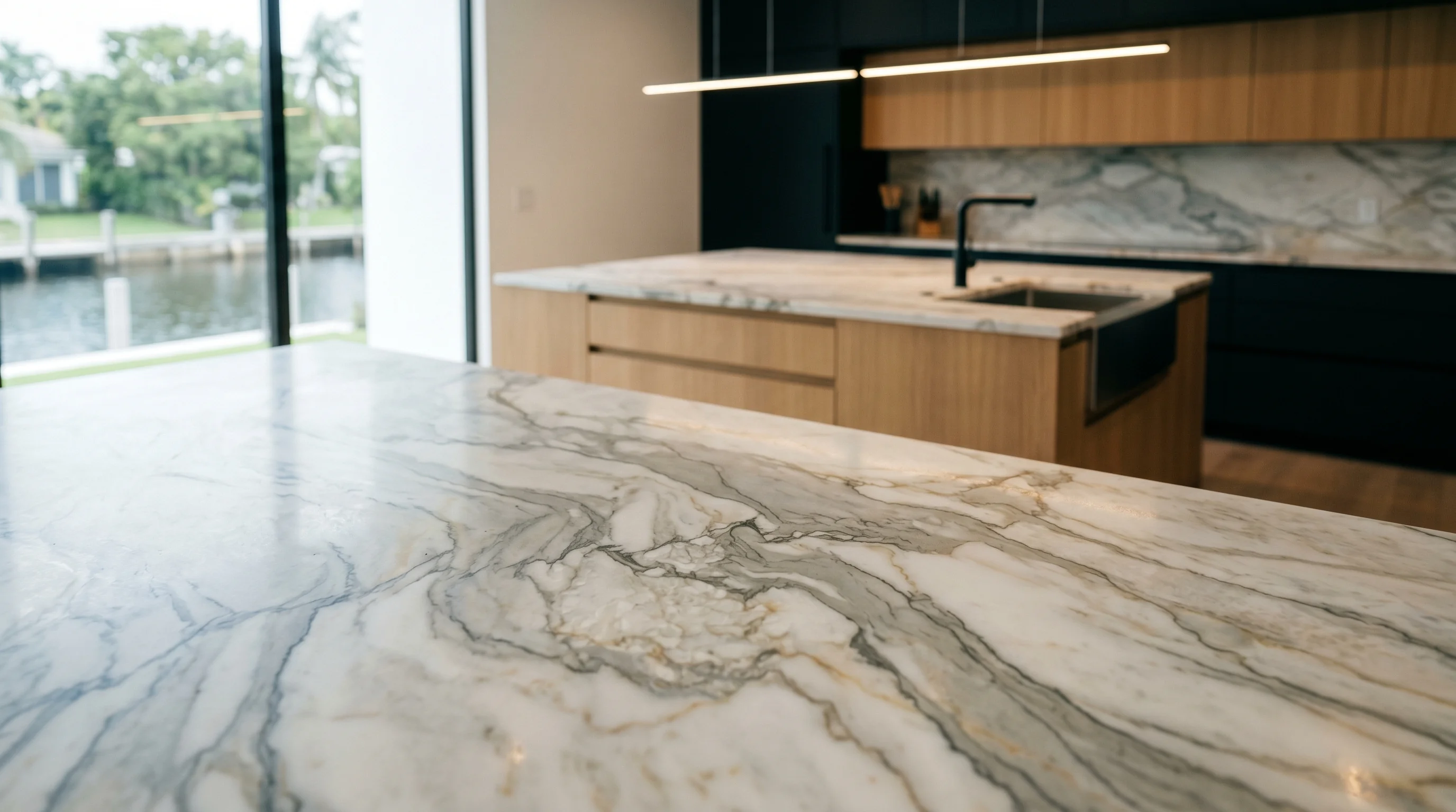 Close-up of warm wood Westlake kitchen cabinetry and stone countertop detail