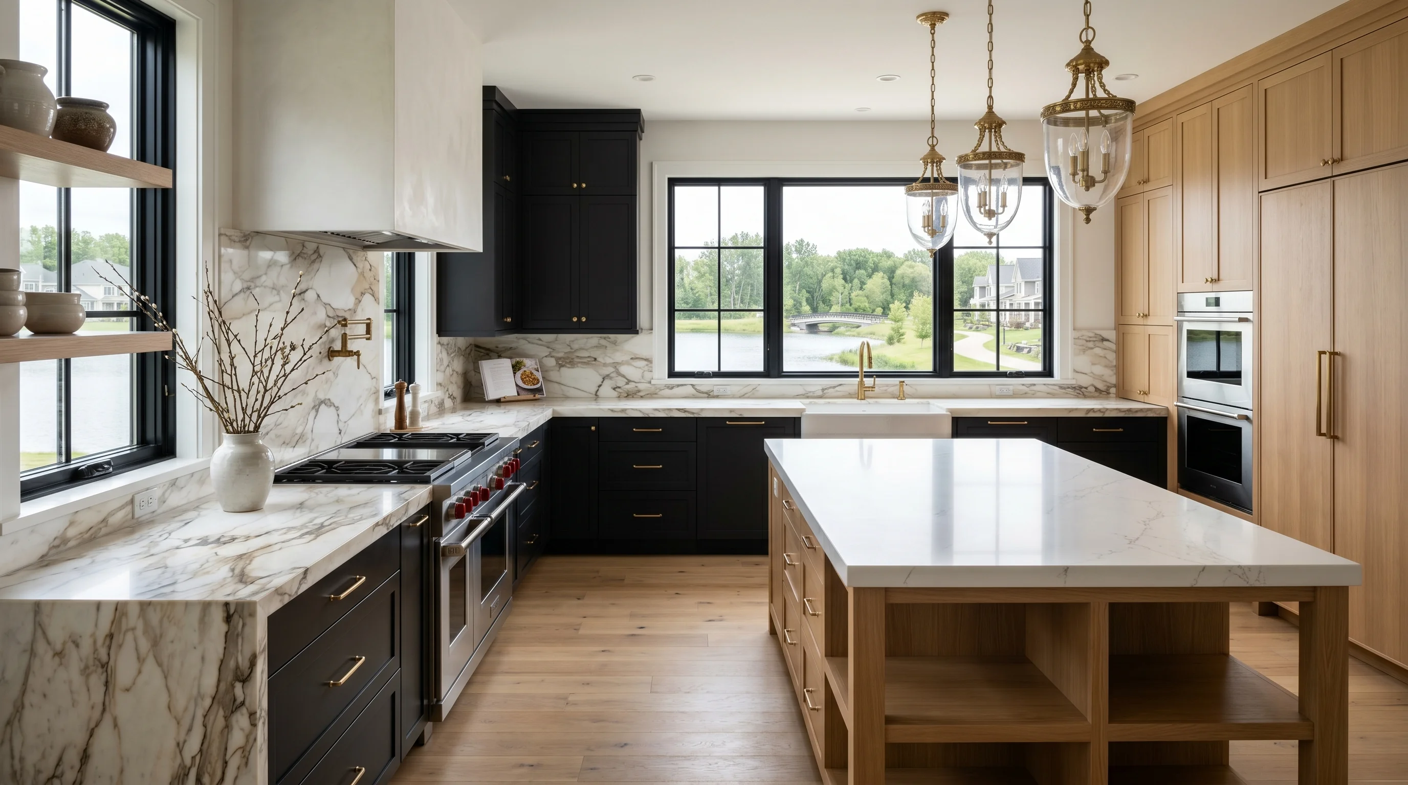 Westlake gated-community kitchen with island and ornate brass pendant lighting