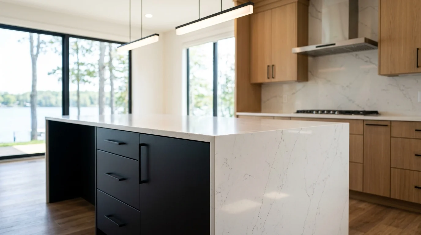 Westlake luxury kitchen with marble waterfall island and brass pendants
