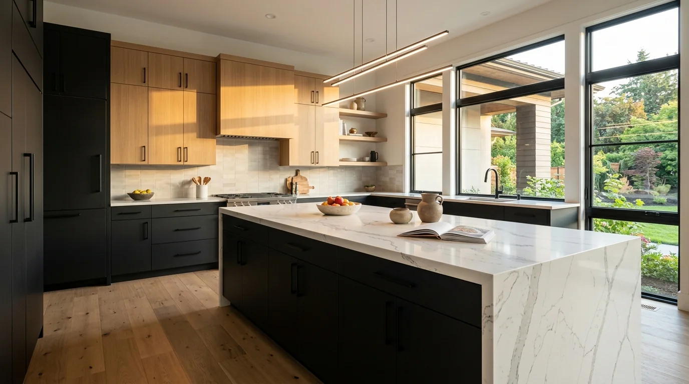 Wide cinematic Westlake kitchen with marble island and arched windows