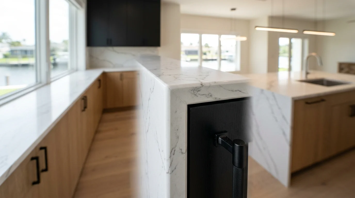 Close-up of warm wood Westlake kitchen cabinetry and stone countertop detail