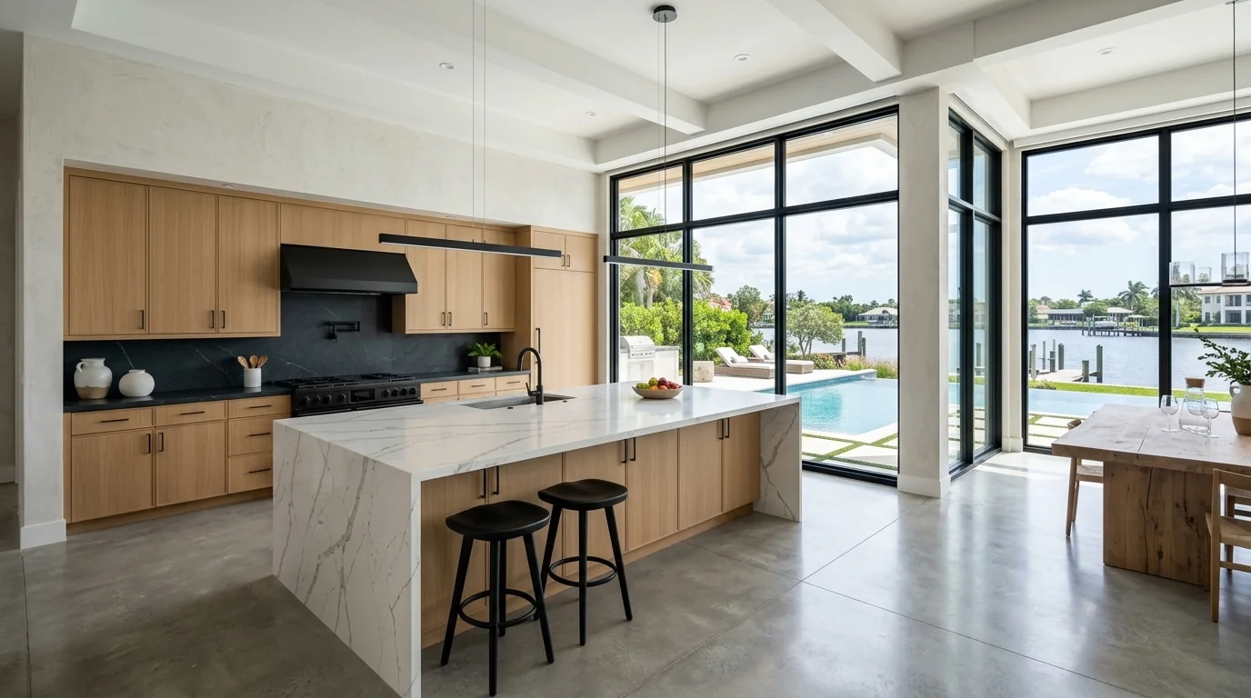 Ultra-wide Westlake kitchen with marble waterfall island and pool deck view