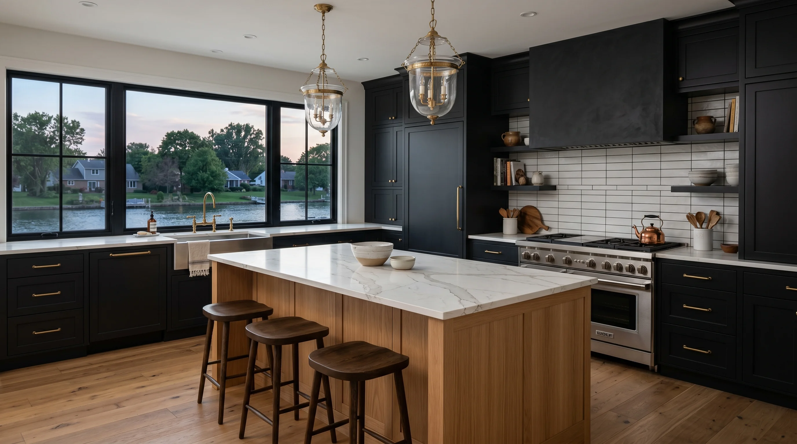 Westlake gated-community kitchen with island and ornate brass pendant lighting