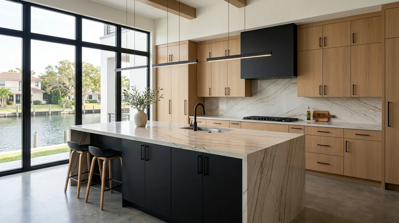 Panoramic finished Westlake kitchen with marble island and brass hardware
