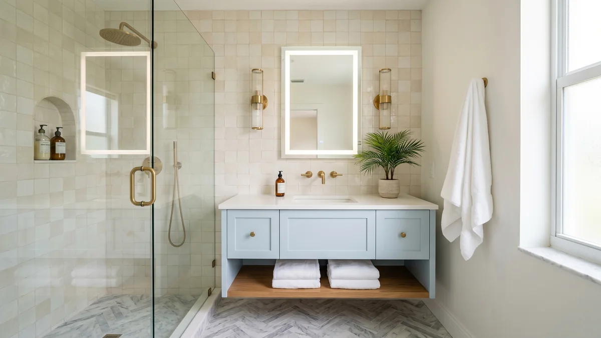 Guest bathroom with zellige tile, pale blue shaker vanity, and walk-in shower — bathroom remodeling in Riviera Beach, FL
