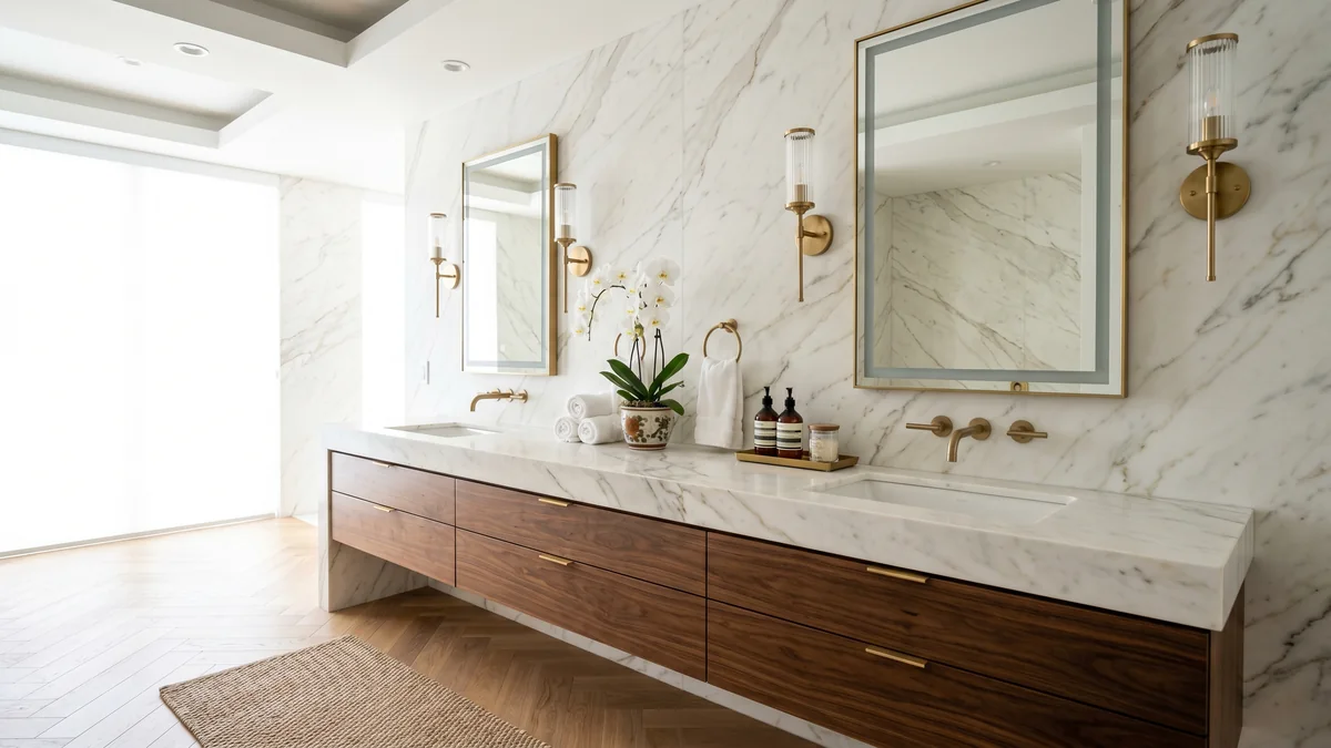 Double vanity with walnut cabinetry, marble waterfall countertop, and brushed brass wall-mount faucets — bathroom remodeling in Riviera Beach, FL