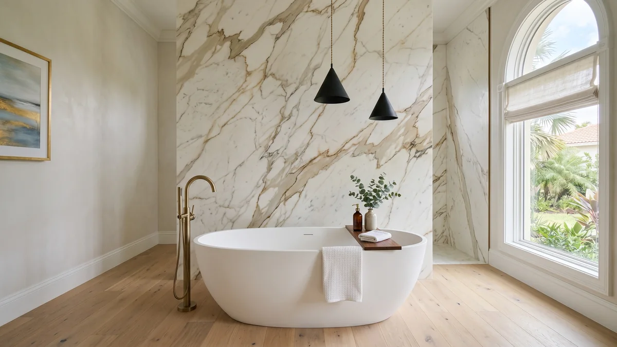 Freestanding soaking tub with floor-mounted brass tub filler and Calacatta marble feature wall — bathroom remodeling in Riviera Beach, FL