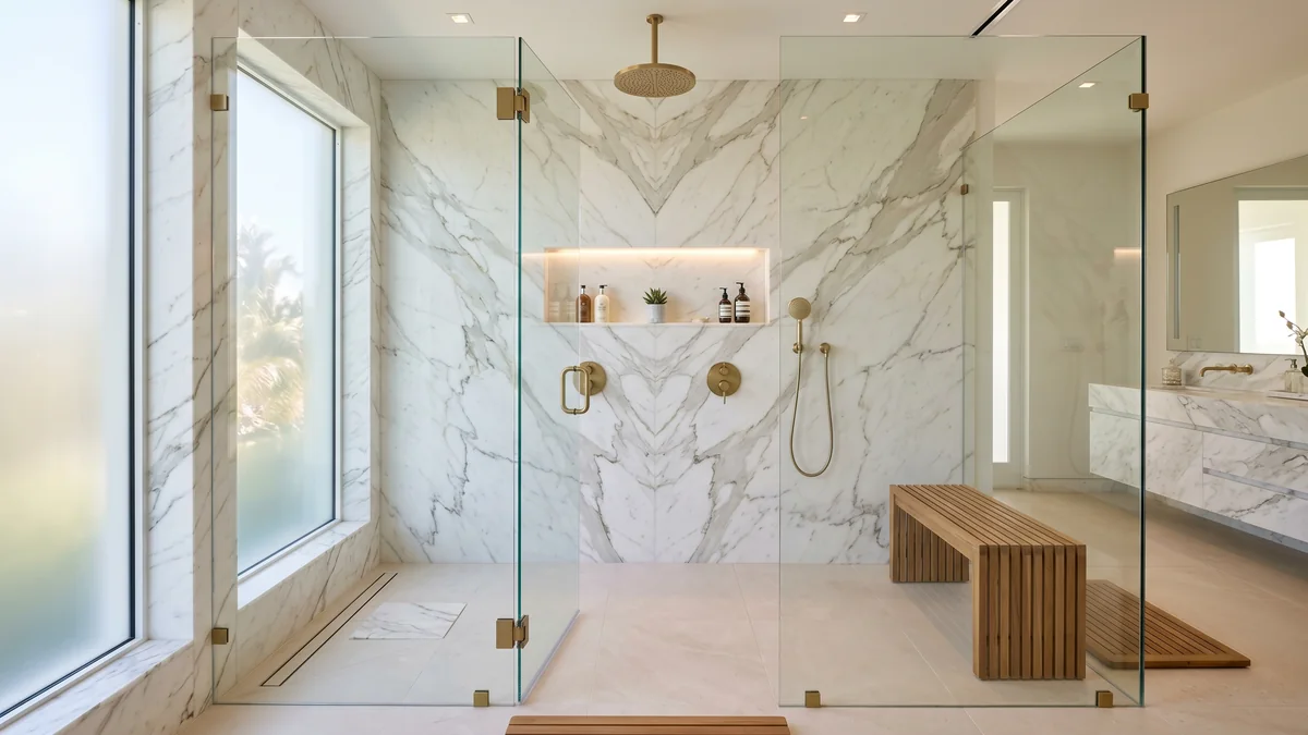 Walk-in shower with book-matched marble and brushed brass fixtures — Boca Raton, FL