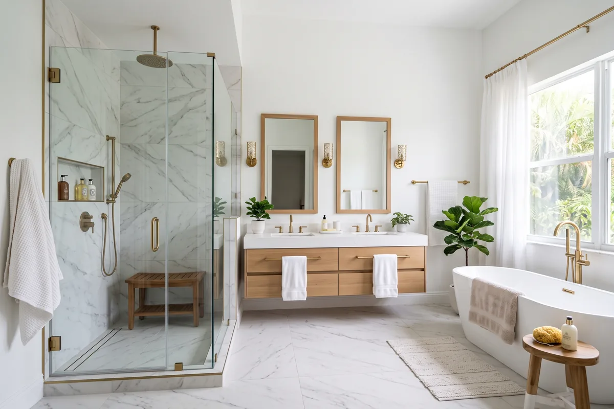 Palm Beach County bathroom remodel with a frameless glass walk-in shower and marble-look porcelain tile