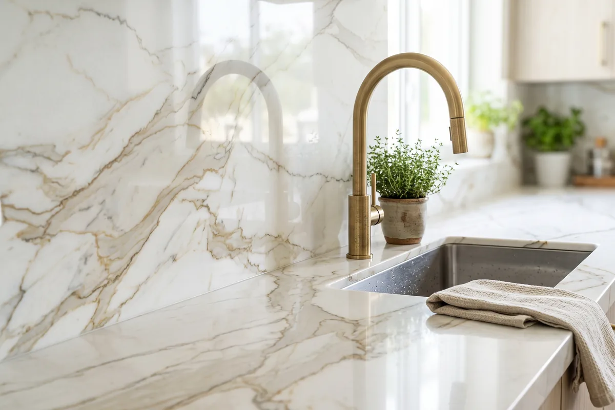 Close-up of a polished white quartzite countertop and full-height stone slab backsplash