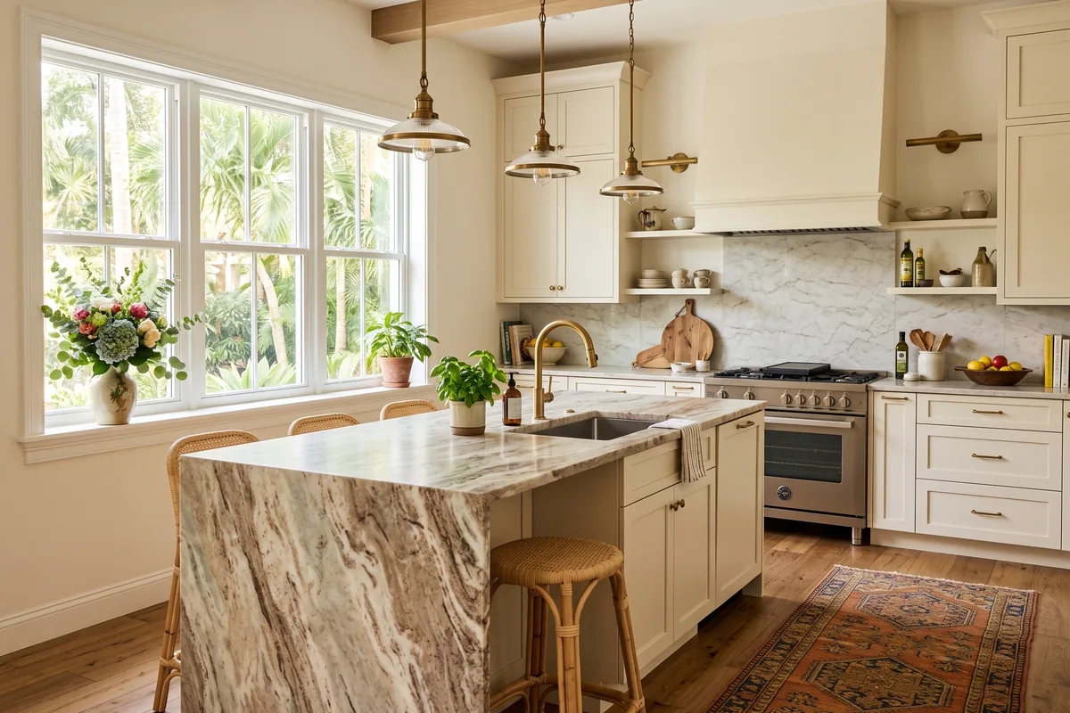 Warm finished Palm Beach County kitchen with cream shaker cabinets and a quartzite island