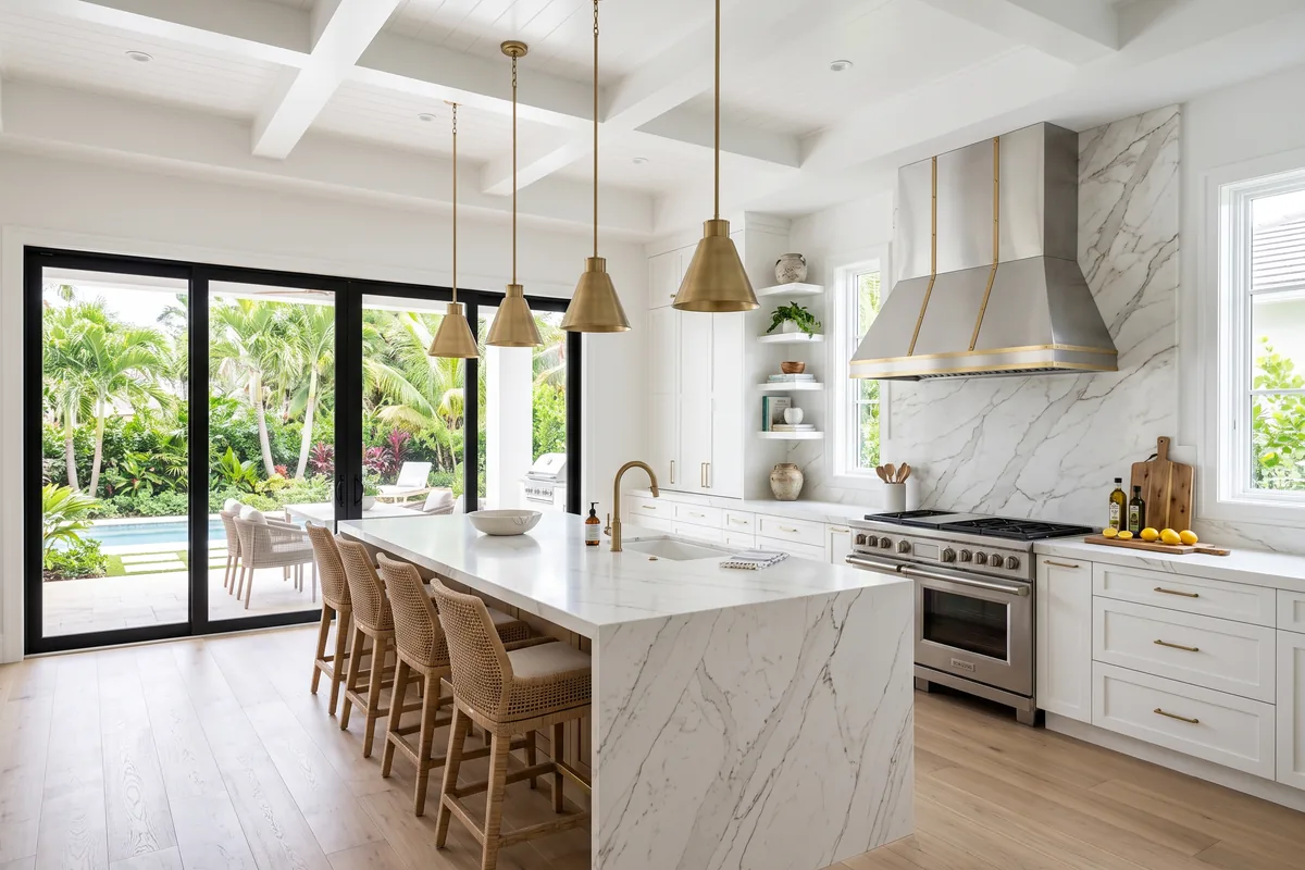 Wide open-plan Palm Beach County kitchen with a quartz island and brass pendant lights