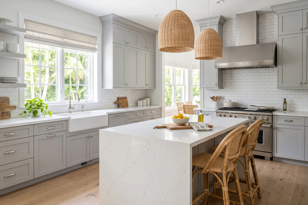 Palm Beach County kitchen project with gray shaker cabinets and a white farmhouse sink