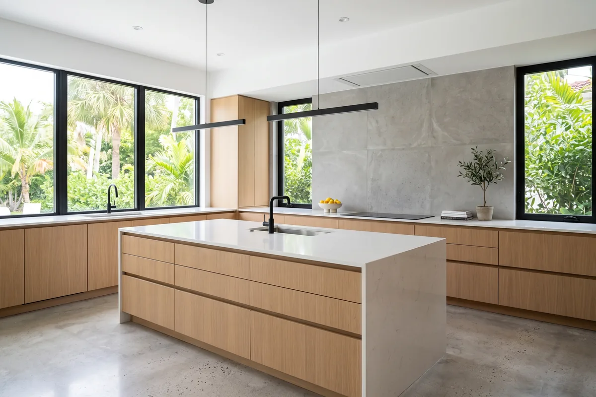 Modern Palm Beach County kitchen project with handleless white oak cabinets and a waterfall island
