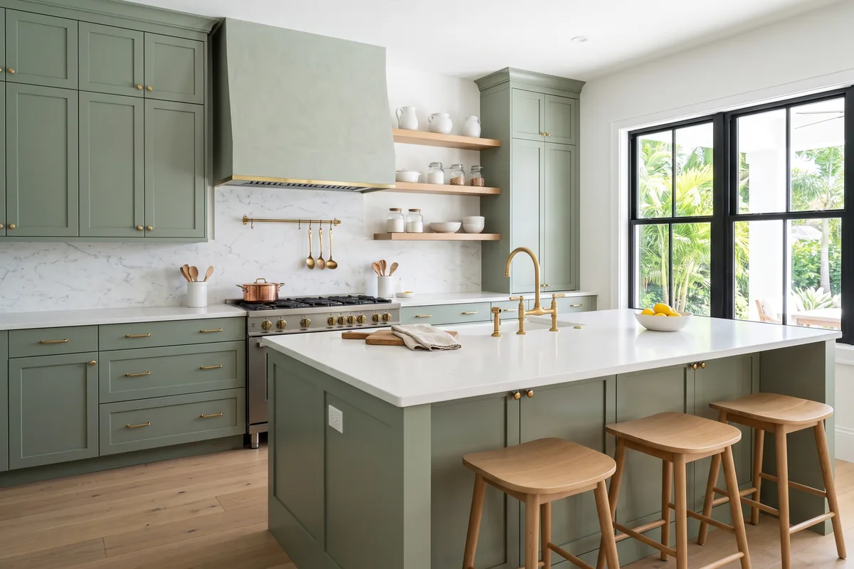 Palm Beach County kitchen project with sage green shaker cabinets and unlacquered brass hardware
