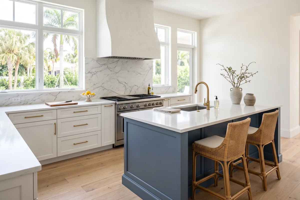 Palm Beach County kitchen project with white cabinets and a slate blue island in white quartz