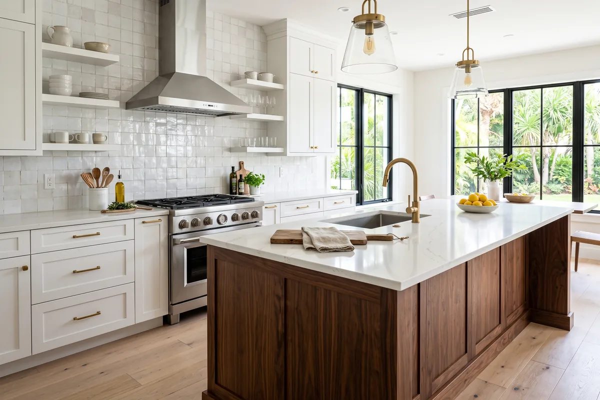 Palm Beach County kitchen project with white cabinets and a walnut island in white quartz