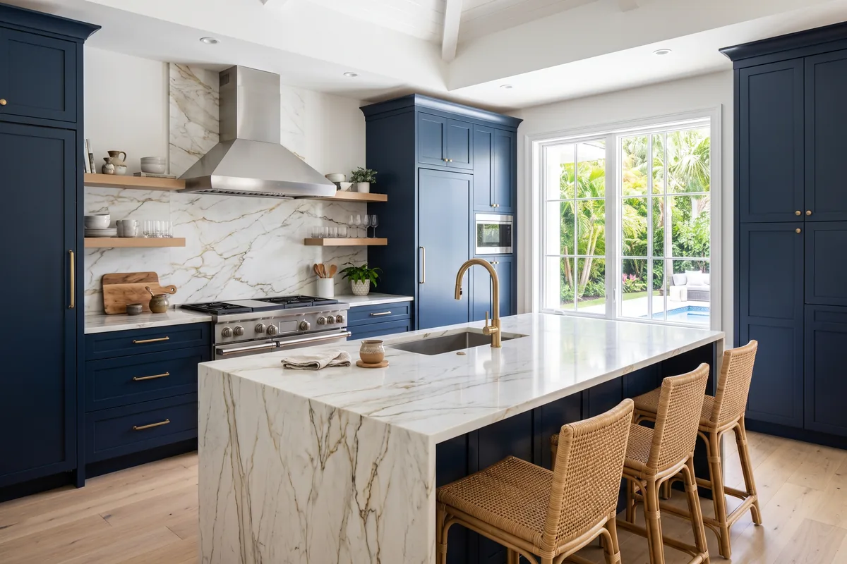 Palm Beach County kitchen with navy blue shaker cabinets and a white and gold quartzite island