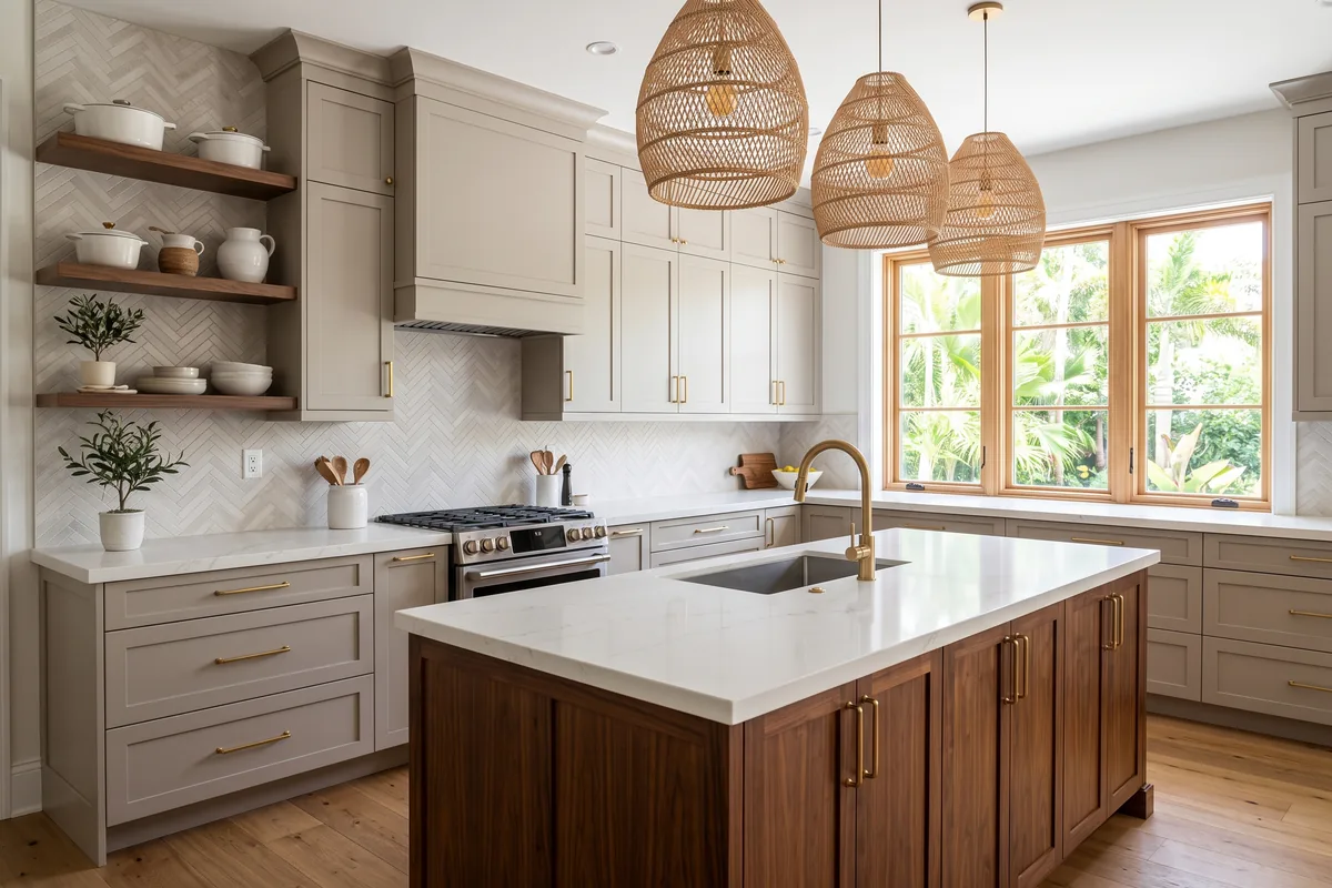 Transitional Palm Beach County kitchen with greige cabinets and a two-tone walnut island in white quartz