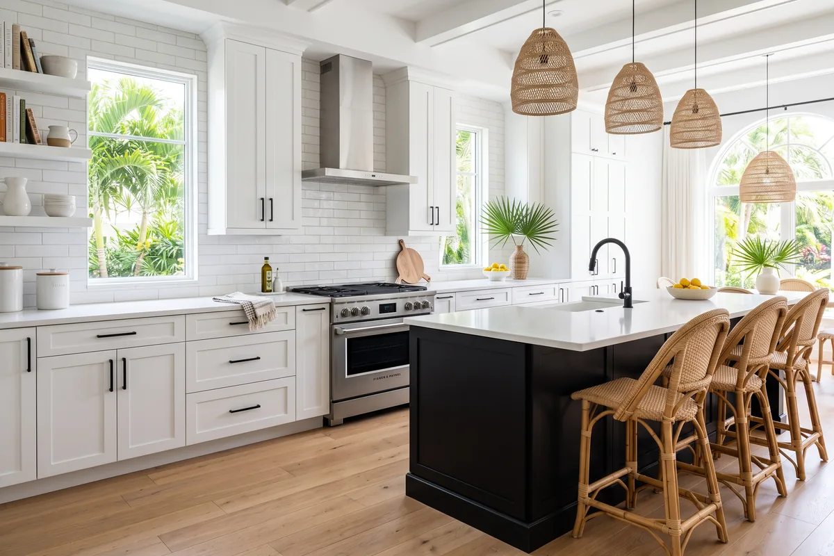 White shaker Palm Beach County kitchen with a matte black island and quartz countertops