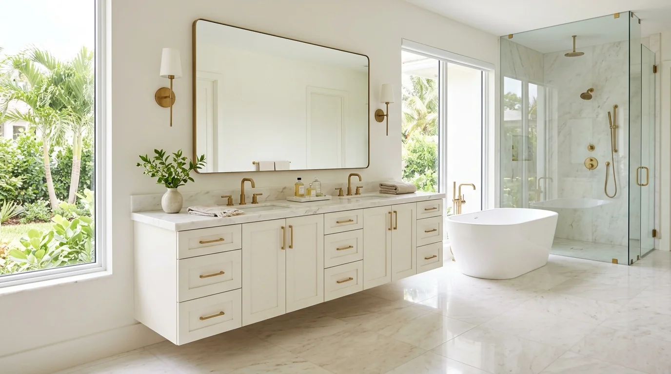 Juno Beach luxury kitchen with marble waterfall island and brass pendants