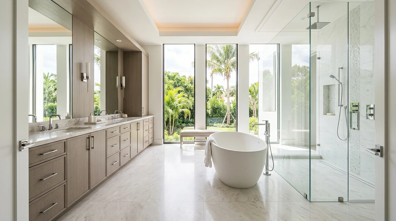 Wide cinematic Juno Beach kitchen with marble island and arched windows