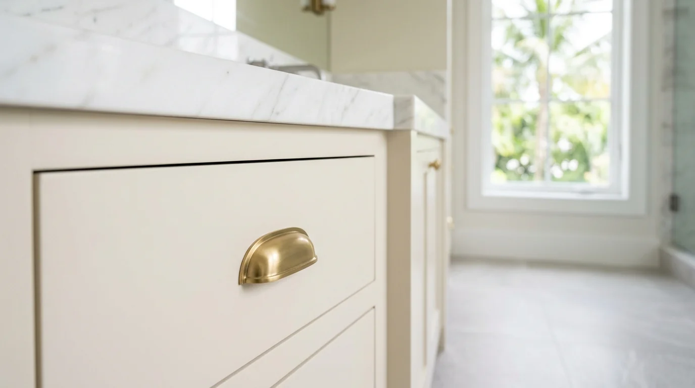 Close-up of warm wood Juno Beach kitchen cabinetry and stone countertop detail
