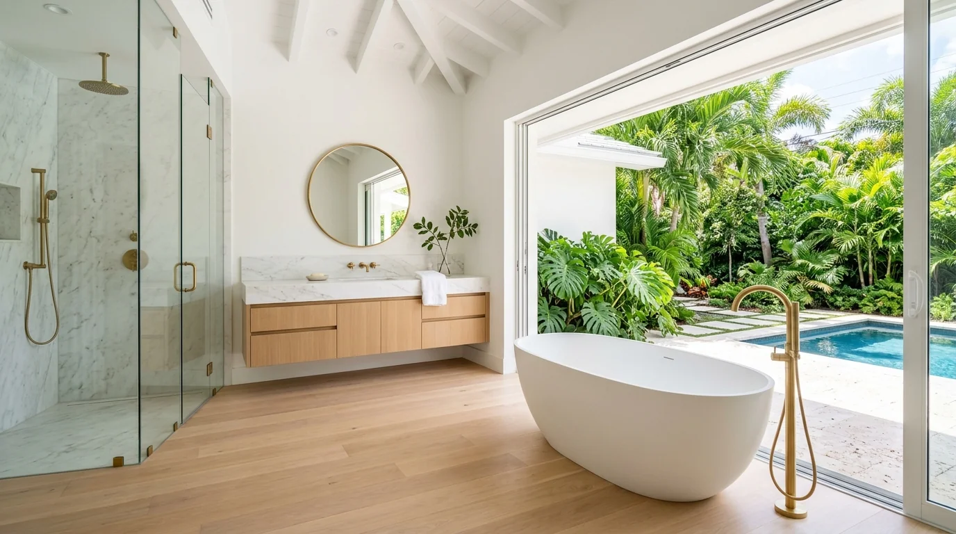 Ultra-wide Juno Beach kitchen with marble waterfall island and pool deck view