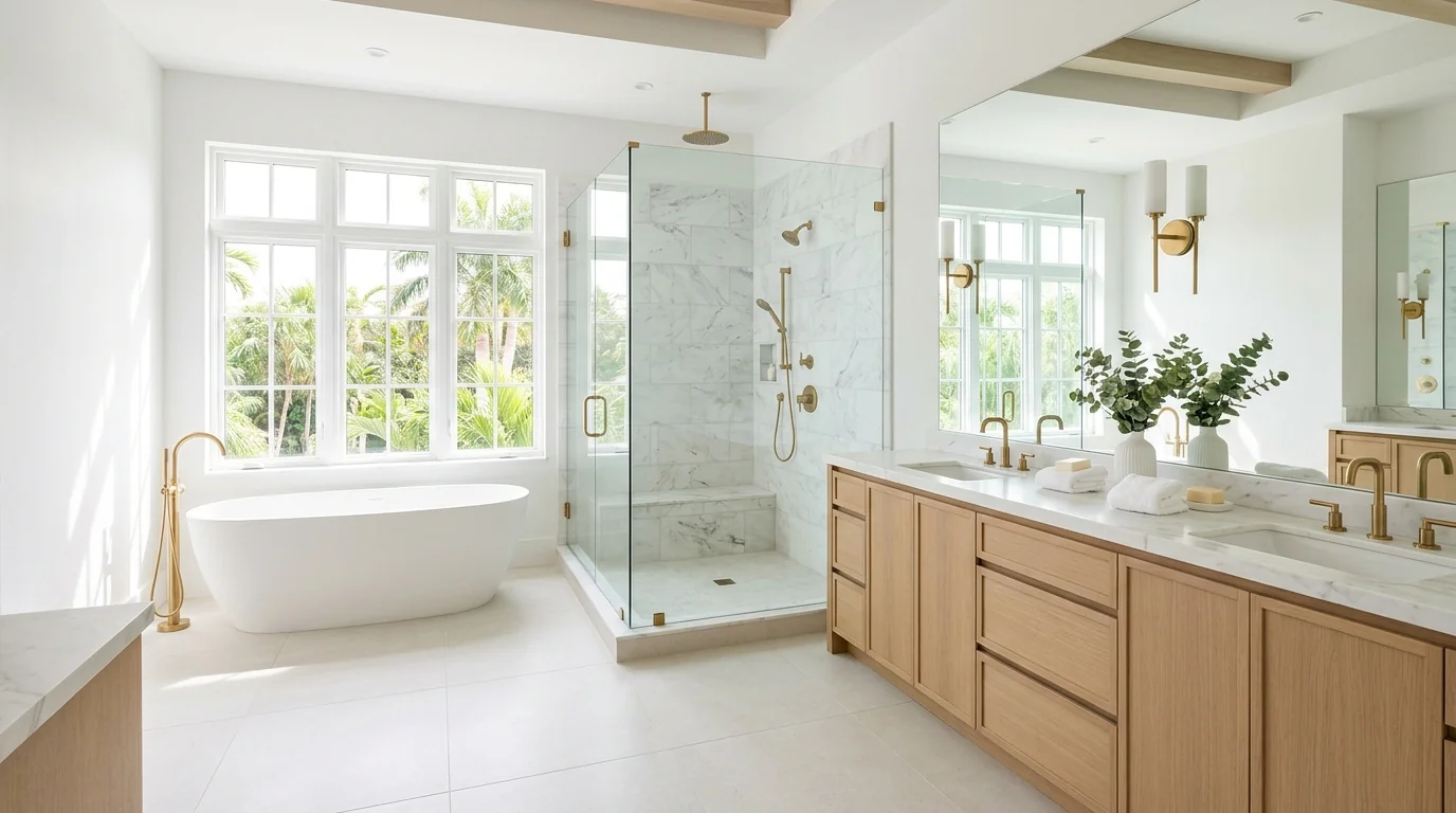 Panoramic finished Juno Beach kitchen with marble island and brass hardware