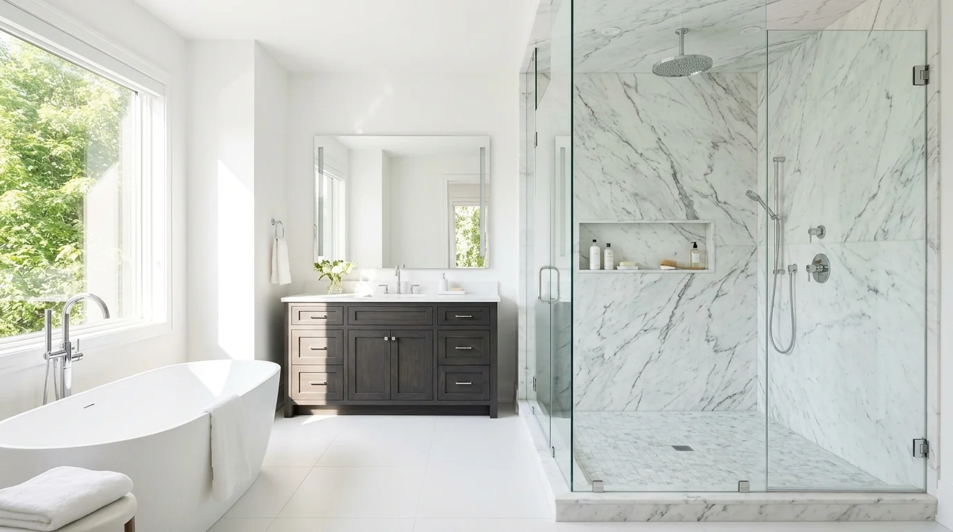 White custom kitchen cabinets with gold lantern pendant lights and marble island — kitchen remodeling in Juno Beach, FL